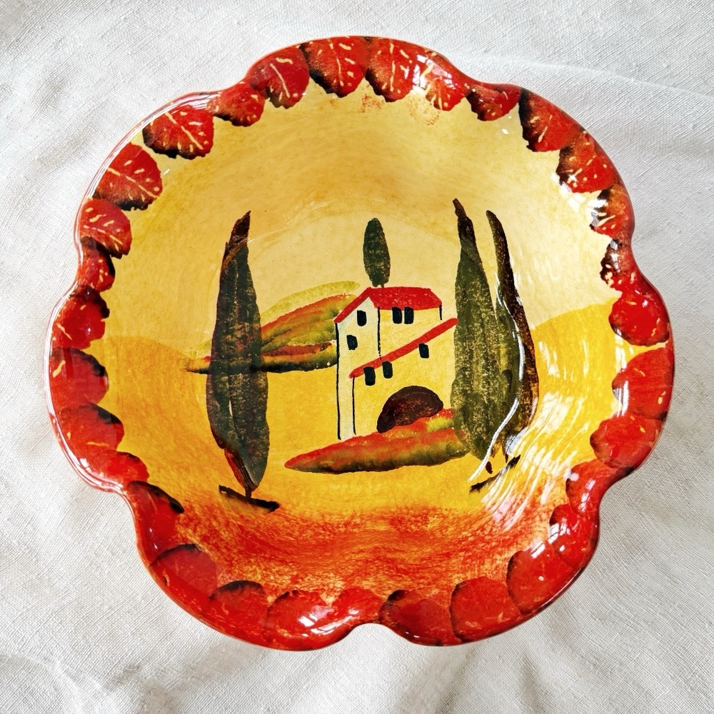 Vintage Italian Majolica Serving Bowl Fruit Bowl Hand Painted Tuscan 9”